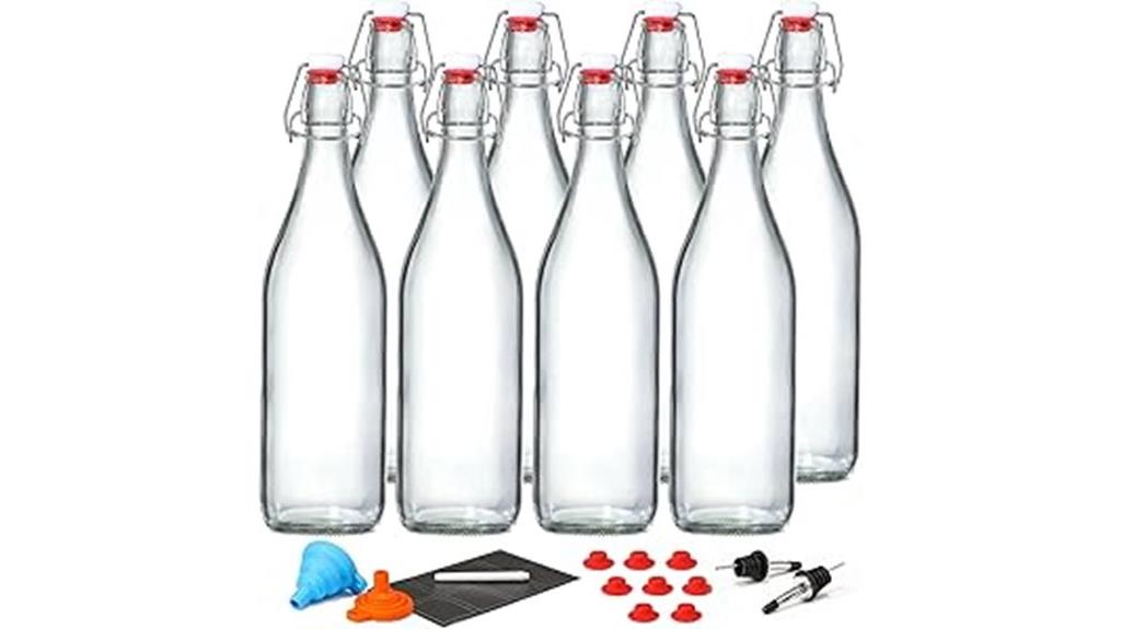 eight glass bottles with stoppers