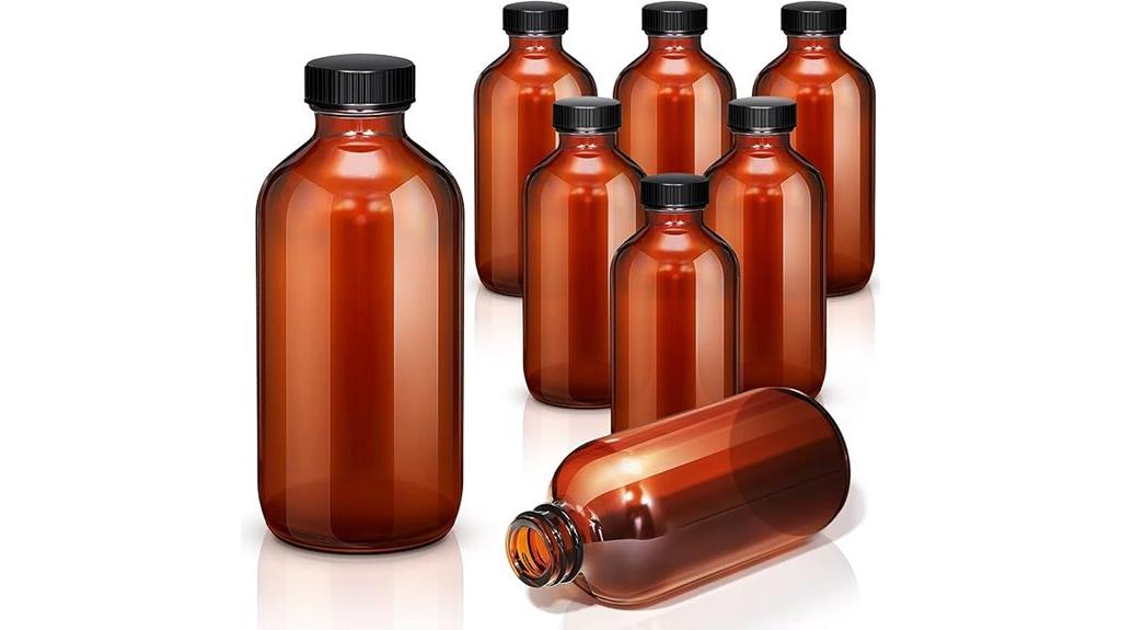 sixteen amber glass bottles