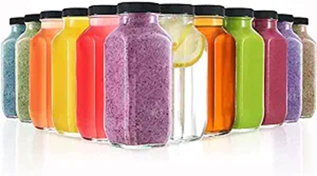 twelve glass juice bottles