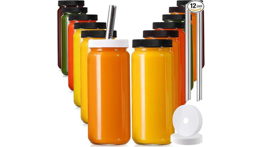 twelve glass juice bottles