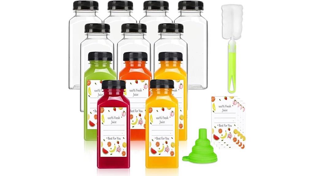 twelve plastic juice bottles