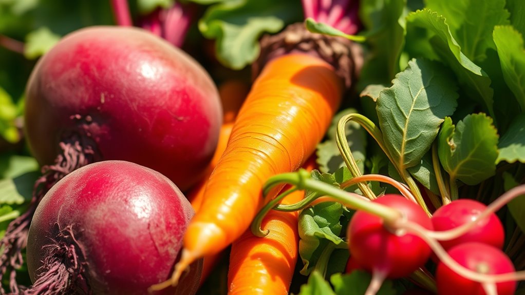 red garden with beets and carrots