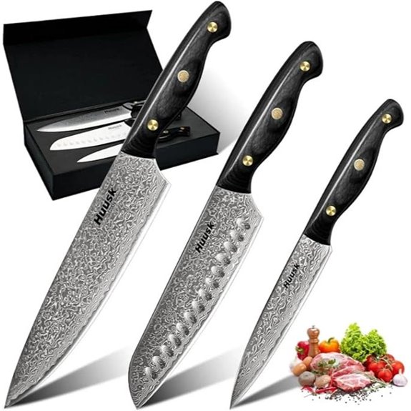 Huusk Damascus Knife Set 3 Pcs with Ebony Handles
