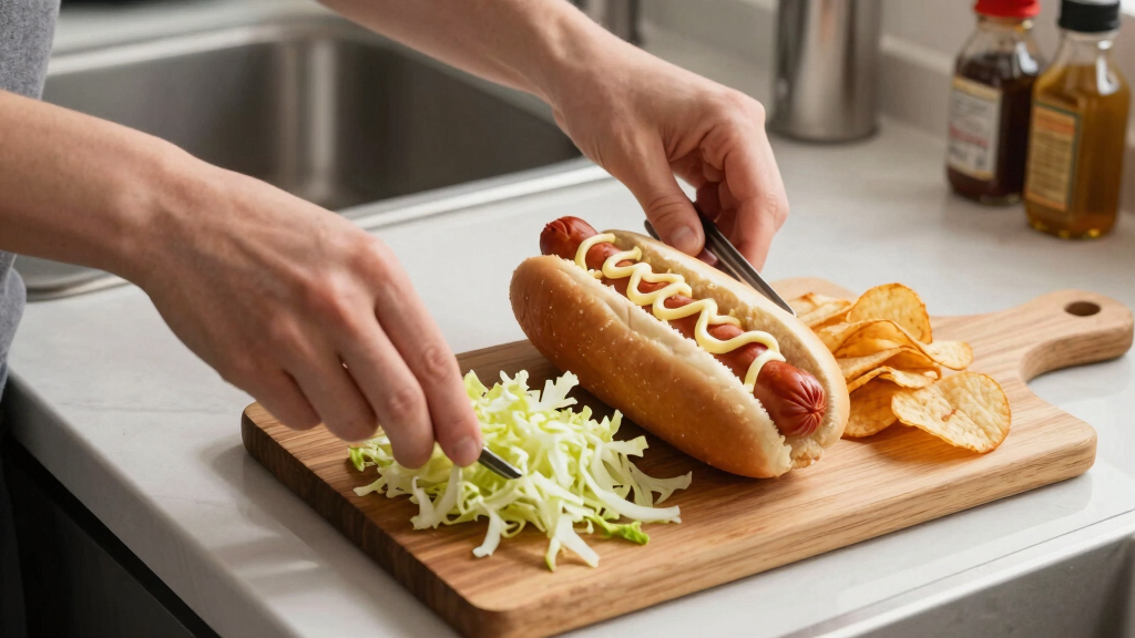 hot dogs with vinegared iceberg and potato chips